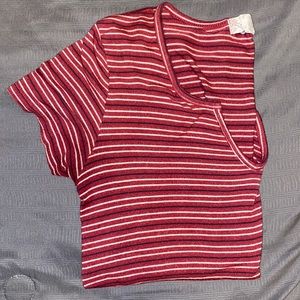 Juniors V-Next Pink Rose Top. Maroon with navy blue and white stripes.